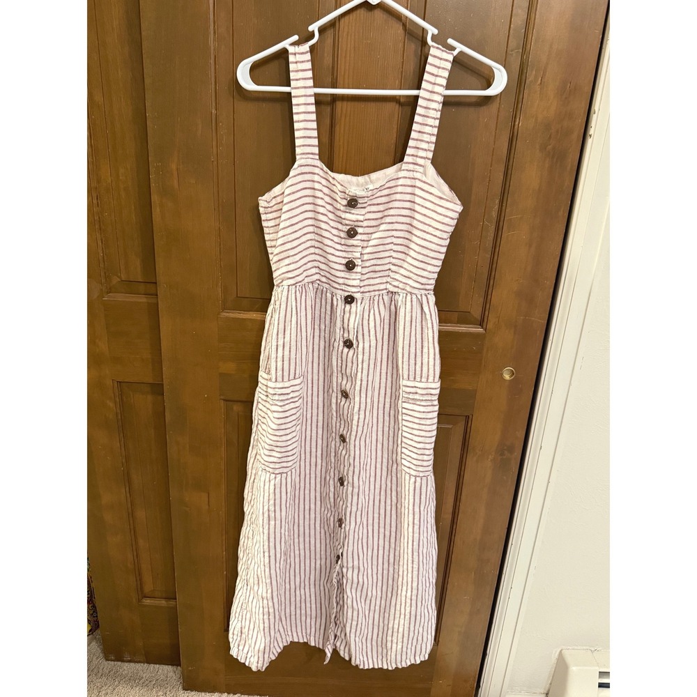 Artisan NY 100% Linen Striped Midi Dress Red White Button Front Pockets Size 2